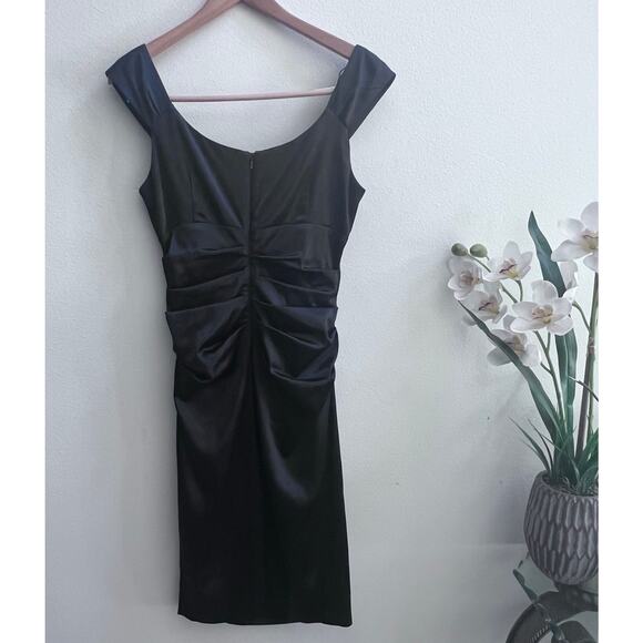 Women's London Times Black Satin Ruched Mini Cocktail Party Dress Size 10P - Picture 2 of 5